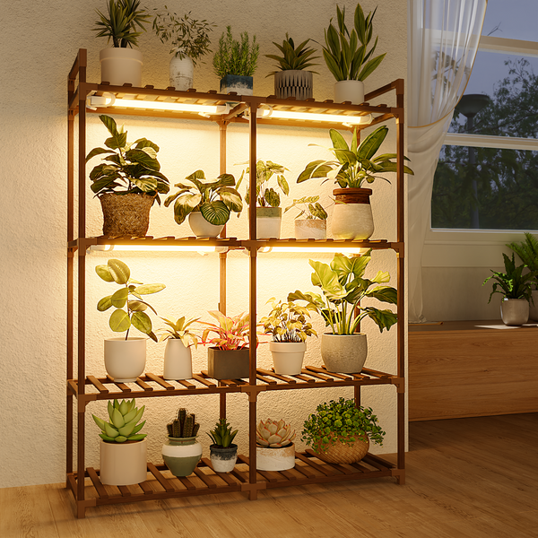 Bamworld Plant Stand with Grow Lights for Indoor Plants Wood Plant Shelf 4 Tier Large Flower Stand for Mutiple Plant Holder Rack for Patio Living Room Balcony