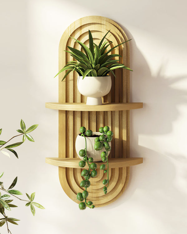 Bamworld 2-Tier Organic Modern Arched Floating Plant Shelf - Natural Wood