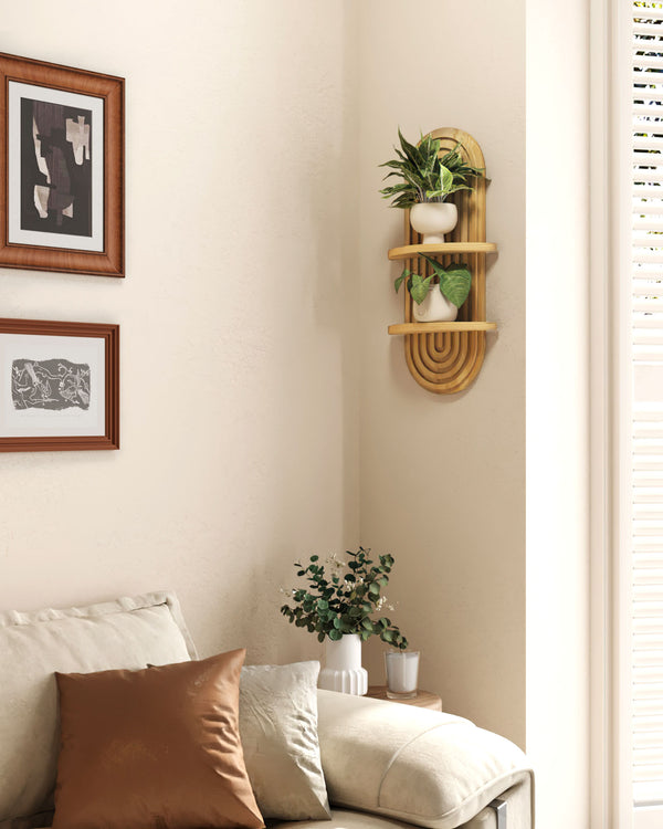 Bamworld 2-Tier Organic Modern Arched Floating Plant Shelf - Natural Wood