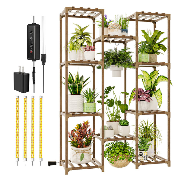 Bamworld Large 10-Tier Carbonized Wood Plant Stand with Integrated Grow Lights