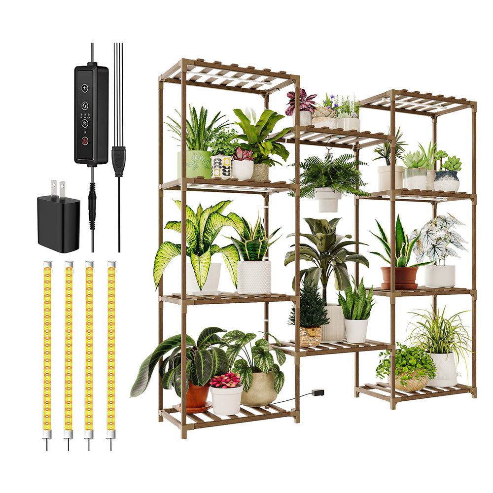 Bamworld Plant Shelf with Grow Lights Large Plant Stand for Multiple Pots Plant Holder for Living Room Patio Boho Home Decoration for Gardening Warm Light
