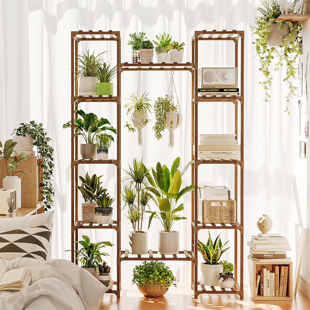 Bamworld 62.2" Tall Tiered Wood Plant Stand Indoor Outdoor, Large Multiple Flower Shelf Hanging Planter Holder for Living Room Garden Balcony Patio Decor