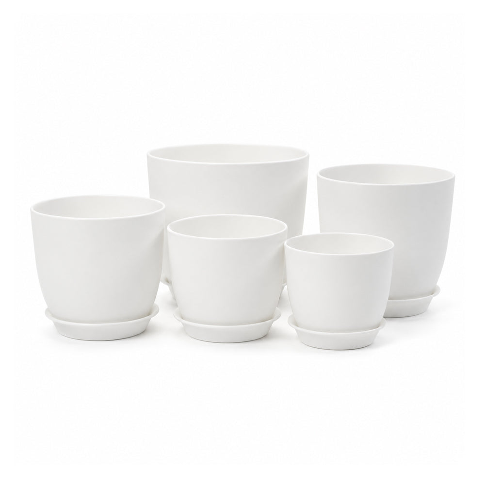 Bamworld 5-Piece White Planter Pots Set with Matching Saucers