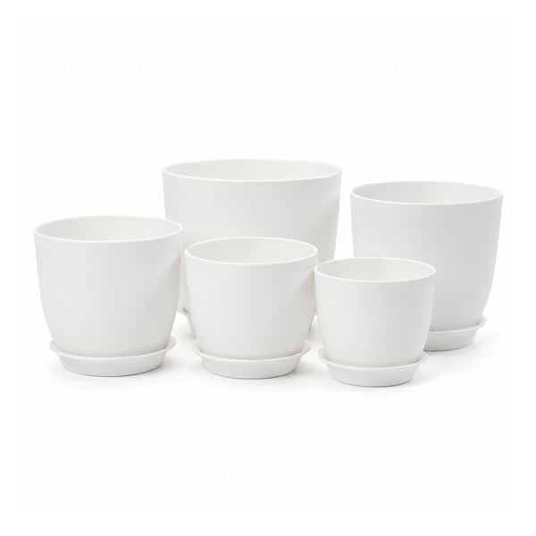 Bamworld 5-Piece White Planter Pots Set with Matching Saucers