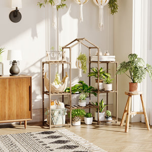 Bamworld multi tier large plant rack in a cozy bohemian style living room gardening setup
