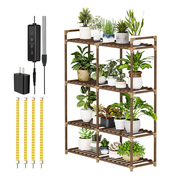 Bamworld Plant Stand with Grow Lights for Indoor Plants Wood Plant Shelf 4 Tier Large Flower Stand for Mutiple Plant Holder Rack for Patio Living Room Balcony