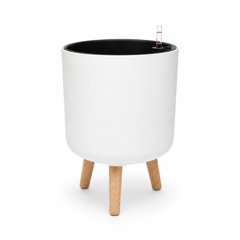 Bamworld 10 inch modern white self watering planter pot with solid wooden legs stand white background