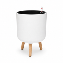 Bamworld 10 inch modern white self watering planter pot with solid wooden legs stand white background