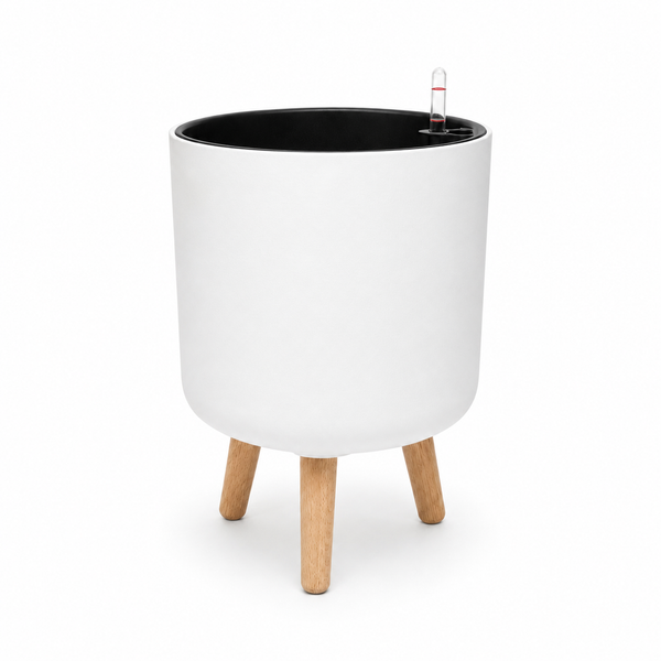 Bamworld 10 inch modern white self watering planter pot with solid wooden legs stand white background