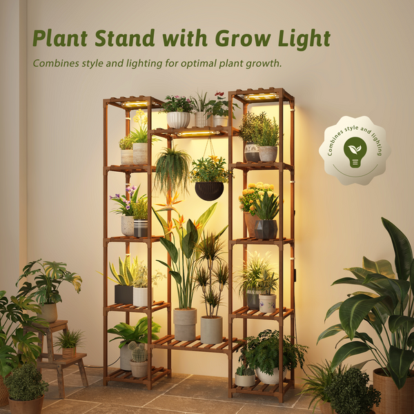 Bamworld Plant Stand Indoor with Grow Lights for Indoor Plants, 62.2'' Tall Plant Shelf, 12 Tiers Sturdy Plant Rack for Plants Display, Living Room Garden Patio Decor