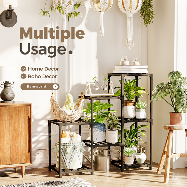 Bamworld Plant Stand Black Plant Shelf Indoor Plant Table for Multiple Plants 3 Tiers 7 Pots Ladder Plant Holder Table Plant Pot Stand for Window Garden Balcony Living Room