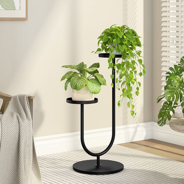 Bamworld midcentury modern tiered metal plant shelves on an outdoor garden patio decor