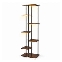 Bamworld 7 tier corner metal and wood plant stand with adjustable grow light two tone brown finish white background