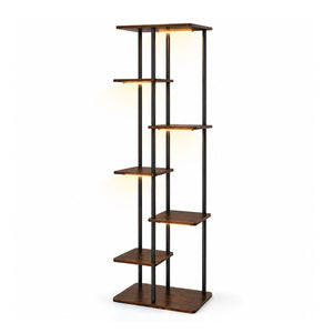 Bamworld 7 tier corner metal and wood plant stand with adjustable grow light two tone brown finish white background