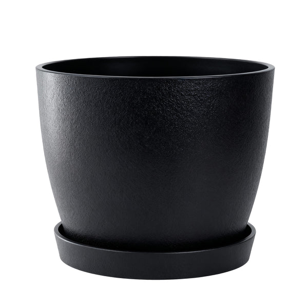 Bamworld 9-Inch Contemporary Matte Black Planter Pot with Matching Saucer