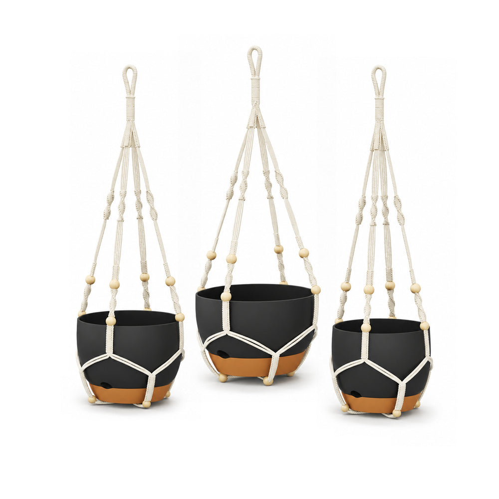 Bamworld 3-Pack Self-Watering Hanging Planters with Macrame and Chains - Matte Black