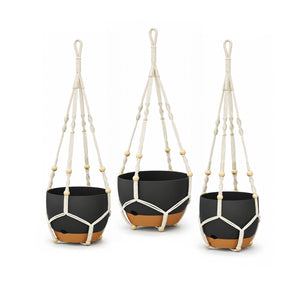 Bamworld 3-Pack Self-Watering Hanging Planters with Macrame and Chains - Matte Black