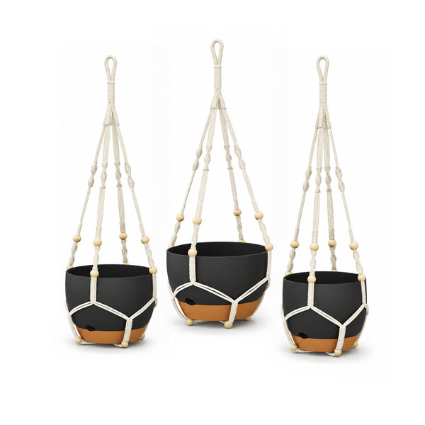 Bamworld 3-Pack Self-Watering Hanging Planters with Macrame and Chains - Matte Black
