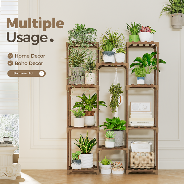 Bamworld Multi-Tier Carbonized Wood Plant Stand with Hanging Rack
