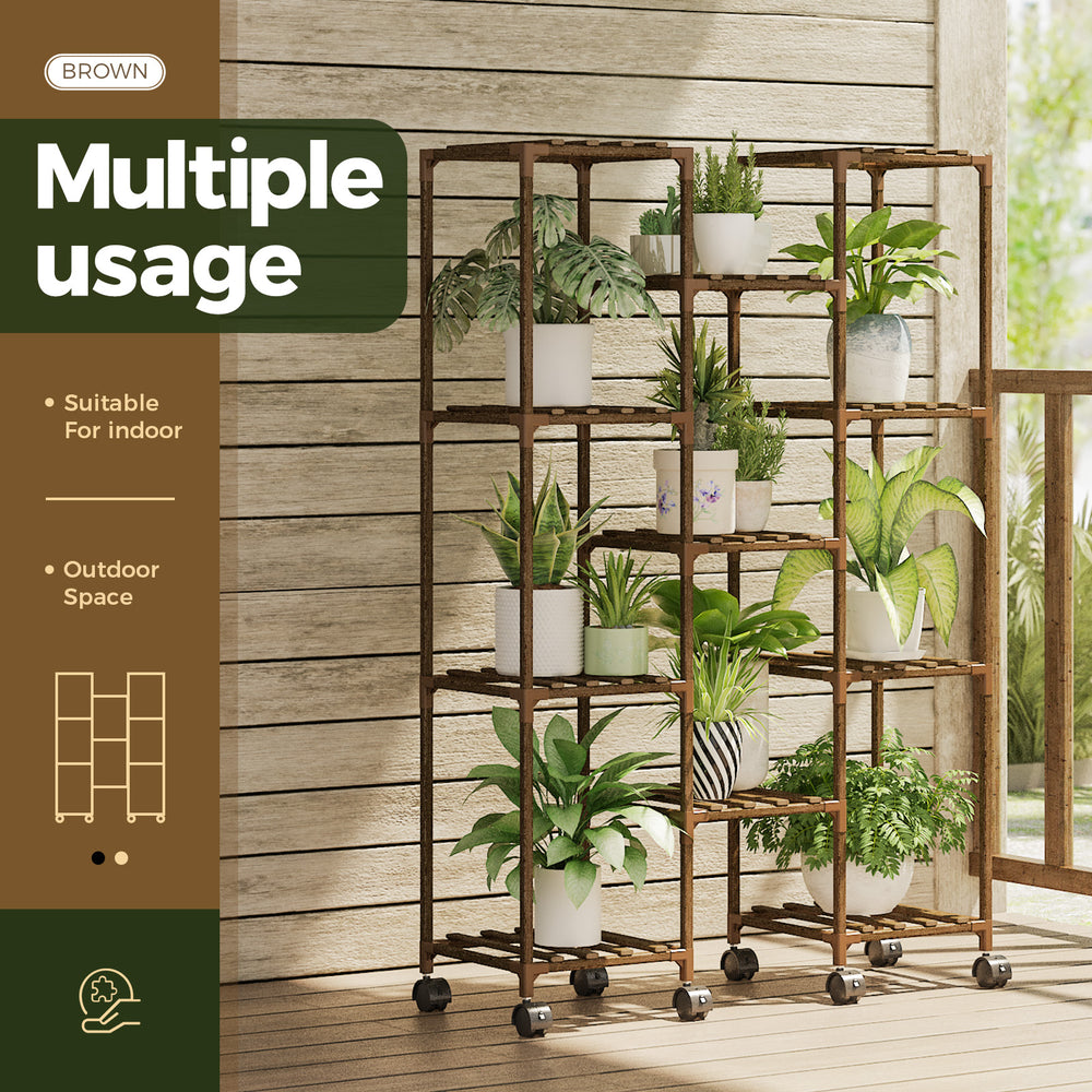 Bamworld Plant Stand with Wheels Indoor Outdoor Plant Shelves Indoor Plant Holder for Living Room Outdoor Plant Rack Indoor Multiple Plants Patio Balcony Garden