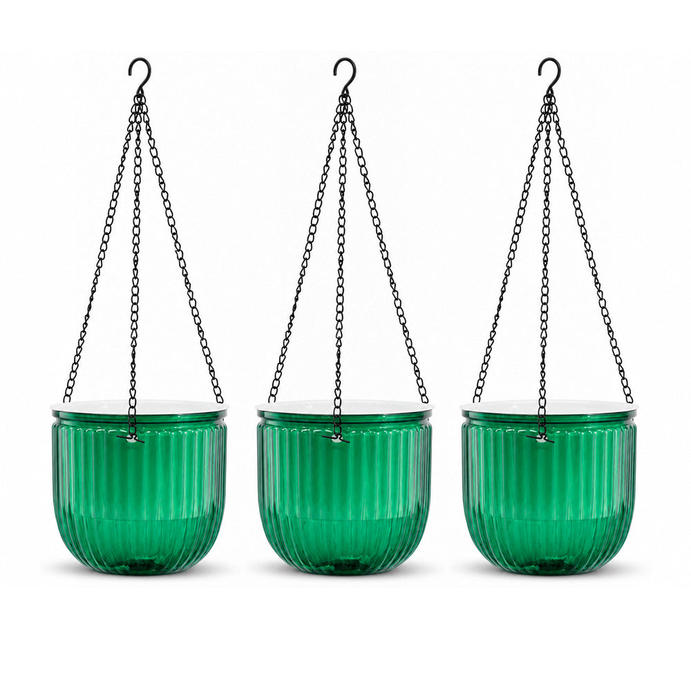 Bamworld 6.5 inch self watering hanging planters 3 pack emerald green jewel toned pots with rustproof chains white background