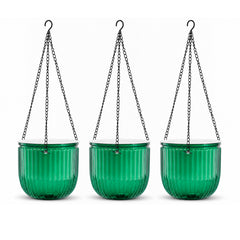 Bamworld 6.5 inch self watering hanging planters 3 pack emerald green jewel toned pots with rustproof chains white background