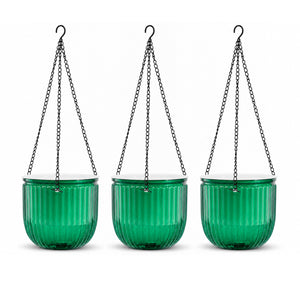 Bamworld 6.5 inch self watering hanging planters 3 pack emerald green jewel toned pots with rustproof chains white background