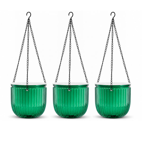 Bamworld 6.5 inch self watering hanging planters 3 pack emerald green jewel toned pots with rustproof chains white background