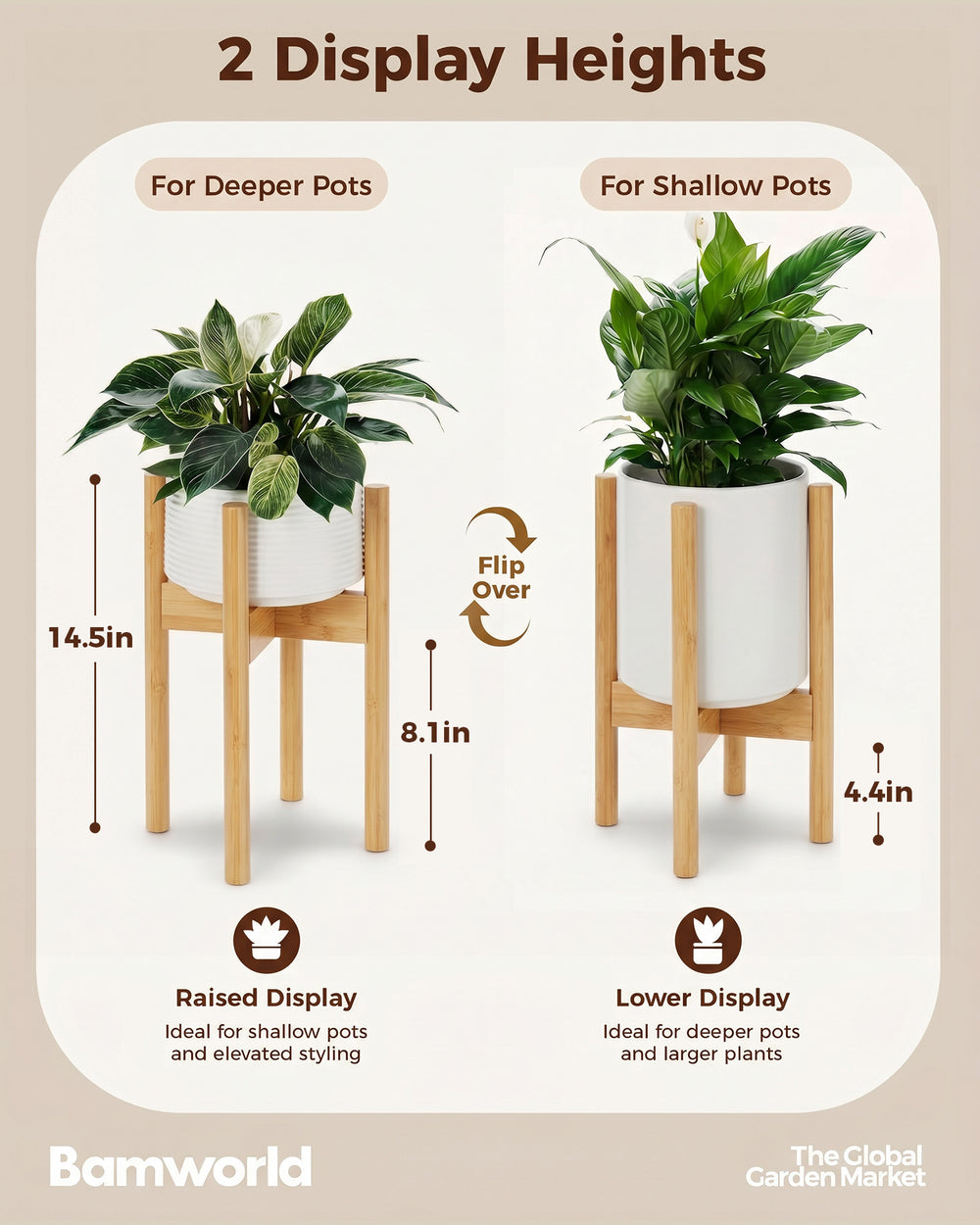 Bamworld Adjustable Bamboo Plant Stand Indoor,Plant Shelves Fits 8 9 10 11 12 inch,Small Corner Planter Holder for Indoor Plants,Flower Stand for Home Garden Indoor Outdoor Decoration,Light brown