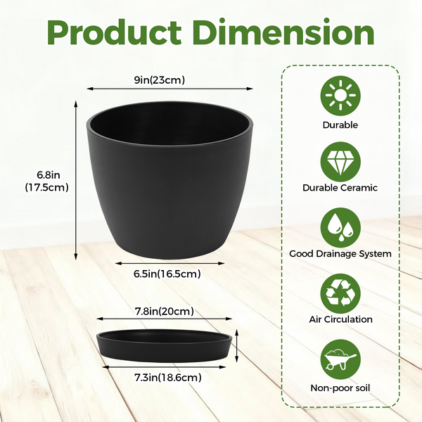 Bamworld 9-Inch Contemporary Matte Black Planter Pot with Matching Saucer