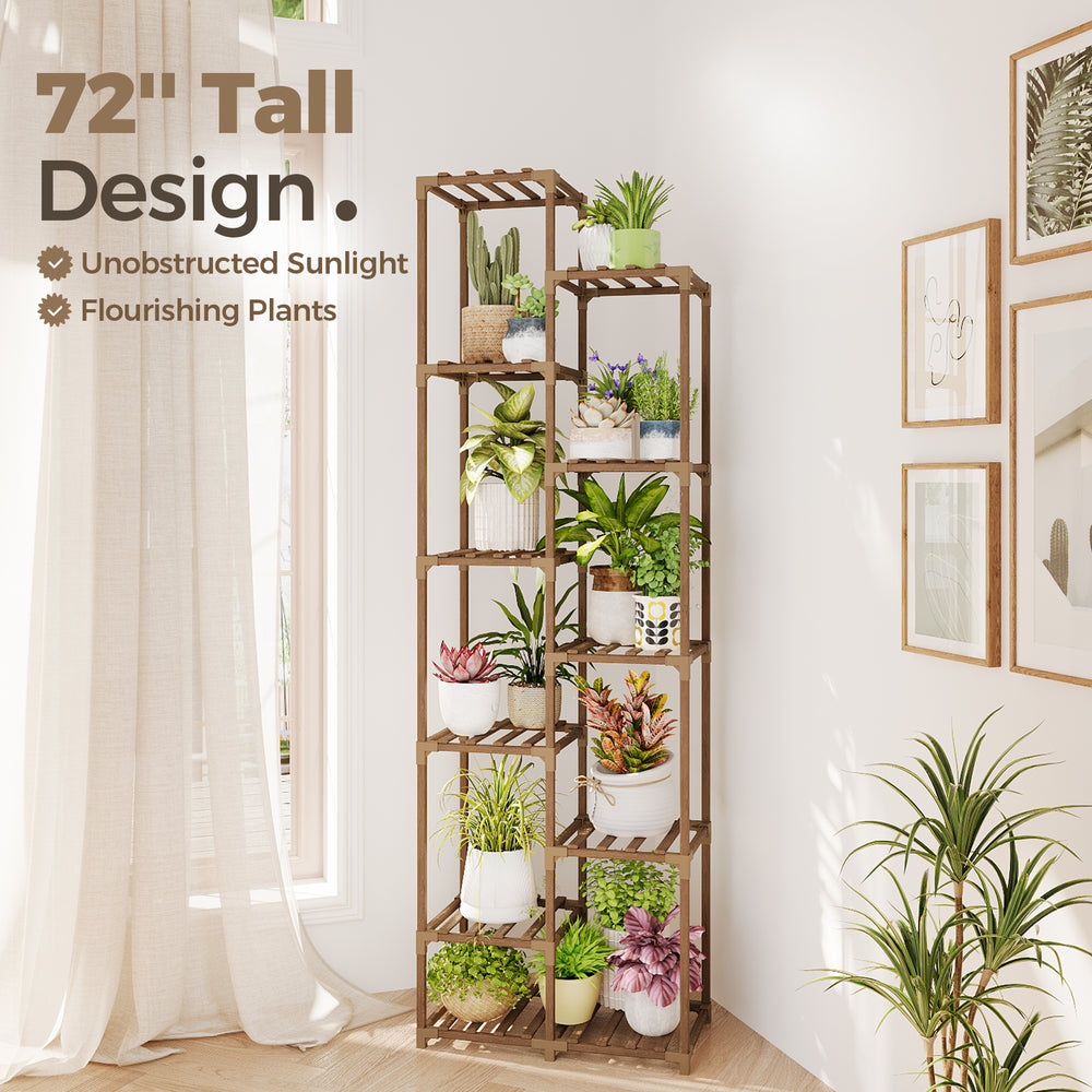 Bamworld Easy-Assembly 11 Tier Tall Plant Stand – Stable Wood Shelf for Indoor/Outdoor – Multi-Level Flower Rack with Safety Design – Space-Saving Corner Unit for Home or Garden