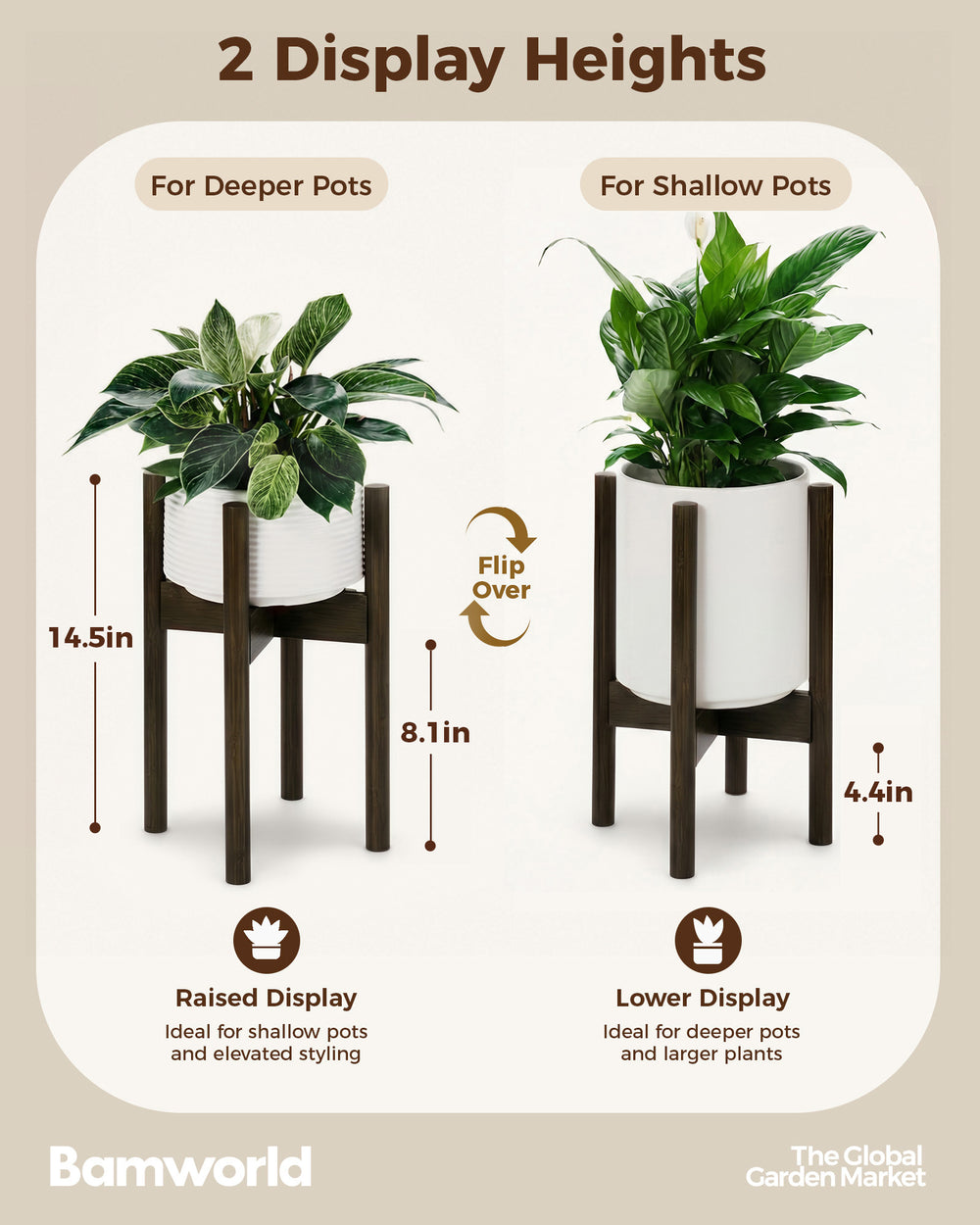 Bamworld Adjustable Plant Stand Indoor, Bamboo Plant Stand Fits 8 9 10 11 12 Inches, Small Corner Planter Holder for Indoor Plants, Single Floor Plant Stands for Living Room Balcony, Tea Brown Tall