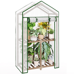 Bamworld portable 2 tier mini greenhouse stand wide wooden frame transparent zipped pe cover white background