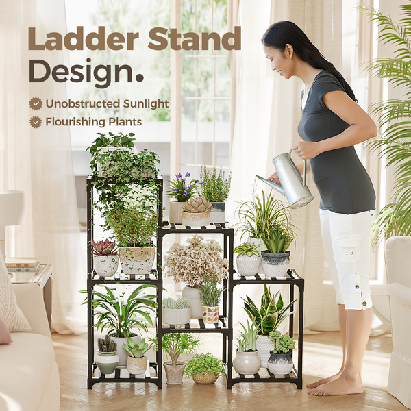 Bamworld Plant Stand Black Plant Shelf Indoor Plant Table for Multiple Plants 3 Tiers 7 Pots Ladder Plant Holder Table Plant Pot Stand for Window Garden Balcony Living Room