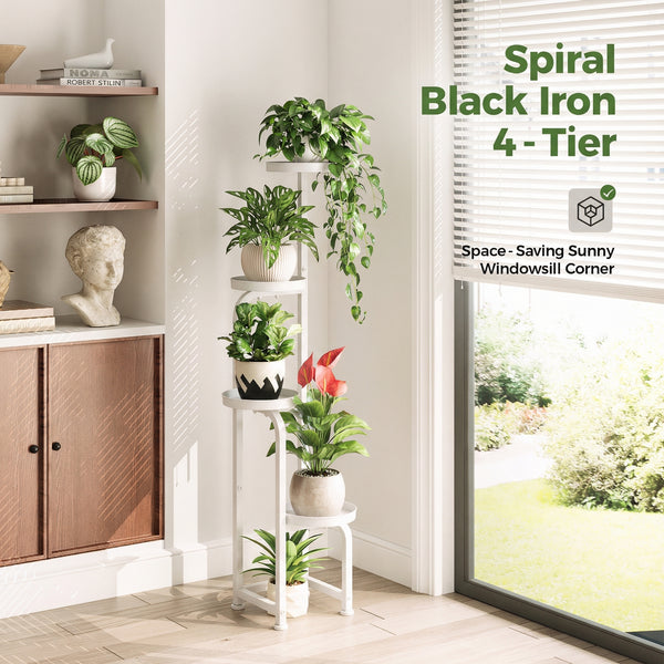 Bamworld Tall Indoor Outdoor Plant Stand, Corner Metal Multi-Plant Flower Pot Stand, 4-Tier Heavy-Duty Plant Shelf for Outdoor Garden, Balcony, Living Room, （white）