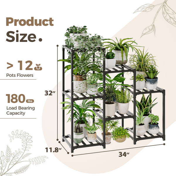 Bamworld Plant Stand Black Plant Shelf Indoor Plant Table for Multiple Plants 3 Tiers 7 Pots Ladder Plant Holder Table Plant Pot Stand for Window Garden Balcony Living Room