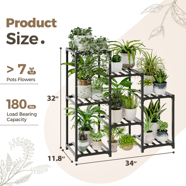 Bamworld Plant Stand Black Plant Shelf Indoor Plant Table for Multiple Plants 3 Tiers 7 Pots Ladder Plant Holder Table Plant Pot Stand for Window Garden Balcony Living Room