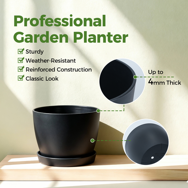 Bamworld 9-Inch Contemporary Matte Black Planter Pot with Matching Saucer