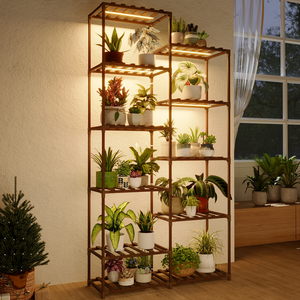 Bamworld Wooden Planter with LED Grow Lights – Multi-Tier Indoor Flower Shelf for Multiple Pots, Tall Plant Organizer for Home, Patio & Garden, Rustic Brown