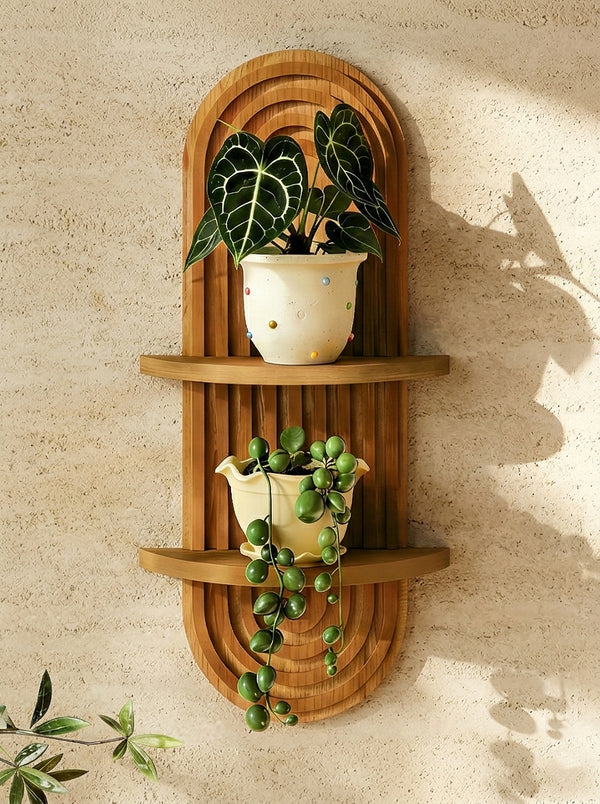 Bamworld 16.7" Arched Boho 2-Tier Wooden Floating Plant Shelf