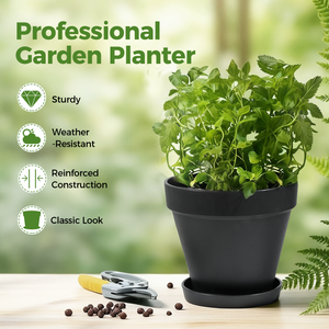 Bamworld 7.8-Inch Matte Black Planter Pot with Matching Saucer