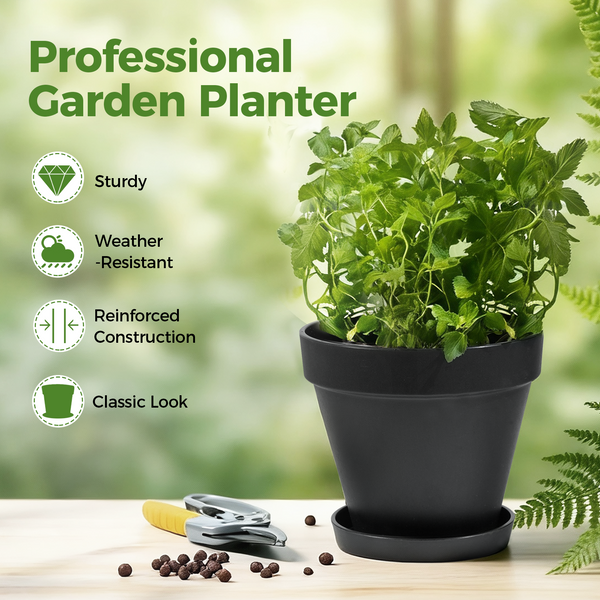 Bamworld 7.8-Inch Matte Black Planter Pot with Matching Saucer