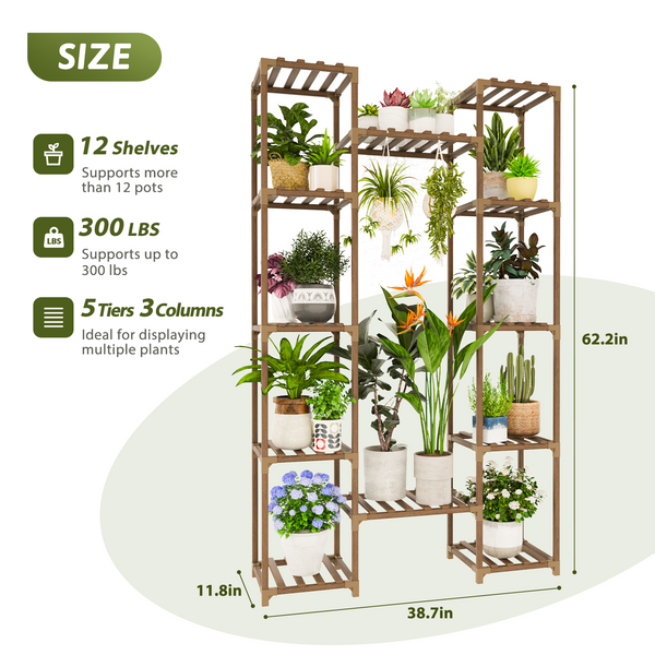 Bamworld Plant Stand Indoor with Grow Lights for Indoor Plants, 62.2'' Tall Plant Shelf, 12 Tiers Sturdy Plant Rack for Plants Display, Living Room Garden Patio Decor