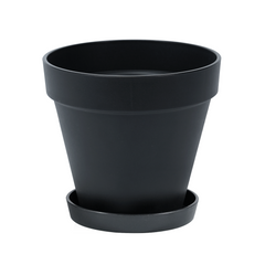 Bamworld 7.8 inch modern matte black plastic plant pot with matching drainage saucer white background