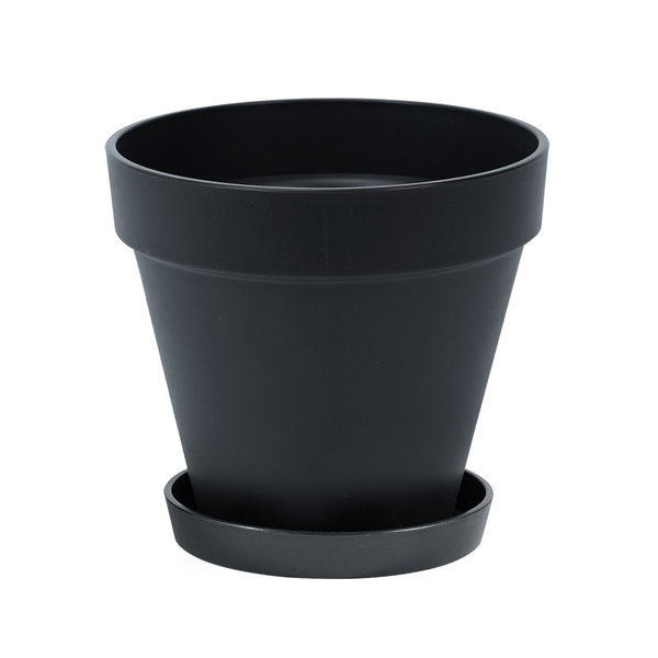 Bamworld 7.8 inch modern matte black plastic plant pot with matching drainage saucer white background