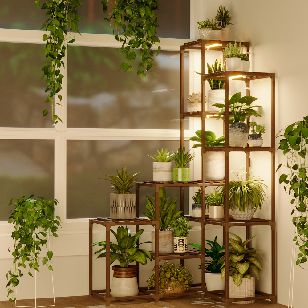 Bamworld Corner Plant Stand with Grow Lights – Tall Shelf Indoor Outdoor for Multiple Plants, Wood Table Flower Stands for 7 Pots, Living Room Rac