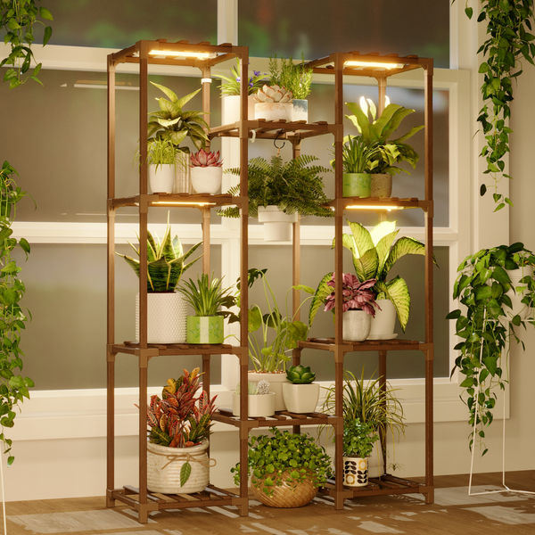 Bamworld Large 10-Tier Carbonized Wood Plant Stand with Integrated Grow Lights