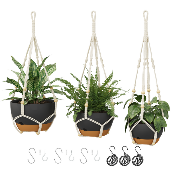 Bamworld 3-Pack Self-Watering Hanging Planters with Macrame and Chains - Matte Black