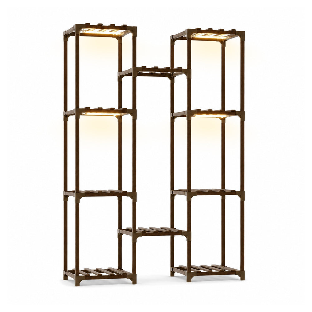 Bamworld large 10 tier carbonized wood plant stand with warm led grow lights turned on white background