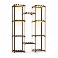 Bamworld large 10 tier carbonized wood plant stand with warm led grow lights turned on white background